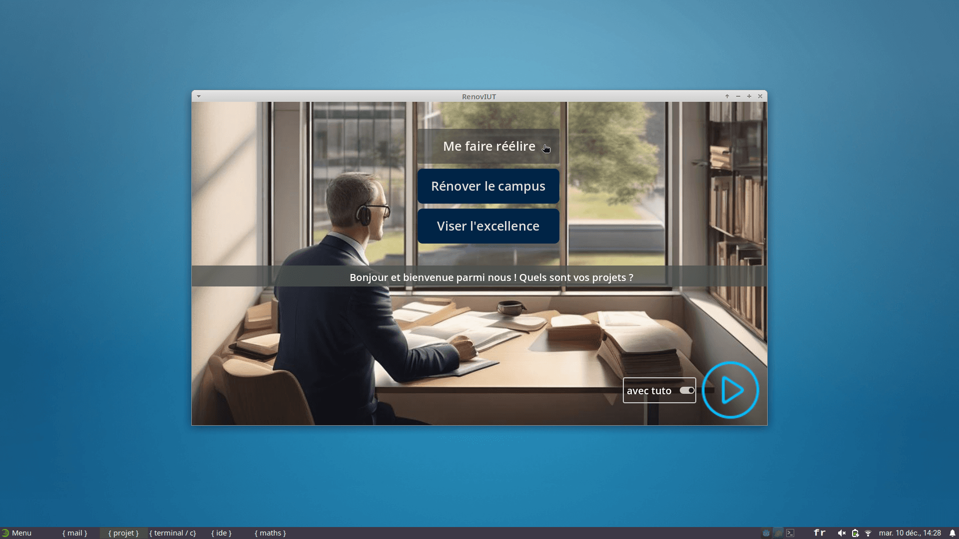 RenovIUT start screen with scenario selection and tutorial option