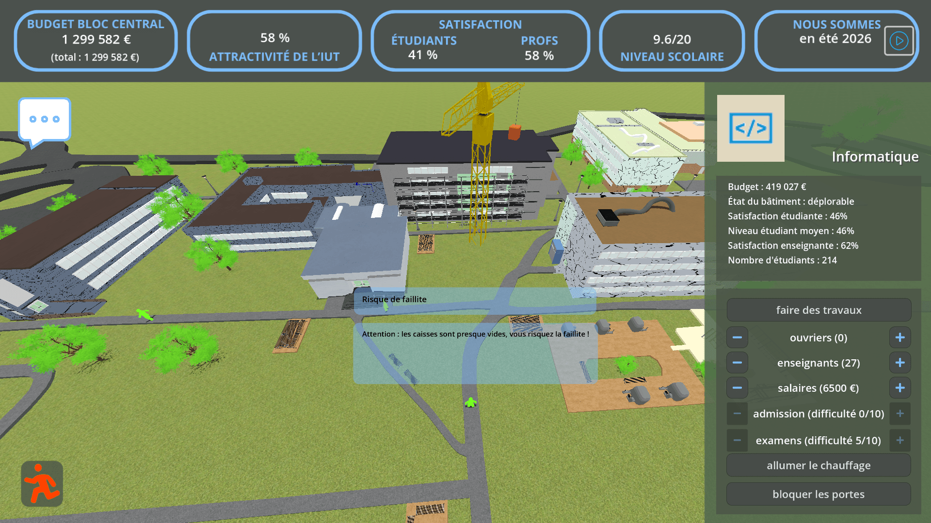 RenovIUT bankruptcy risk popup over the main campus scene