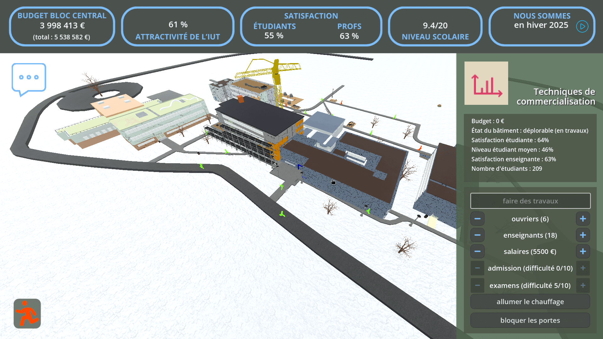 Winter gameplay view showing a building under renovation in RenovIUT