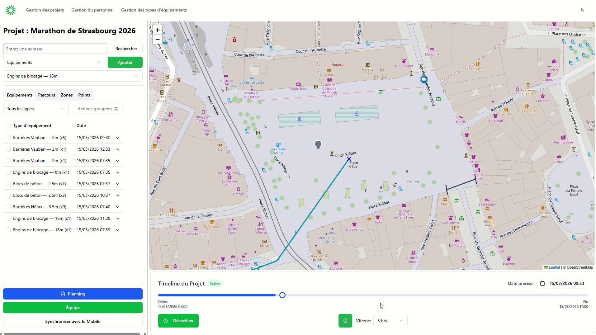 Strassable desktop timeline view showing operational progress